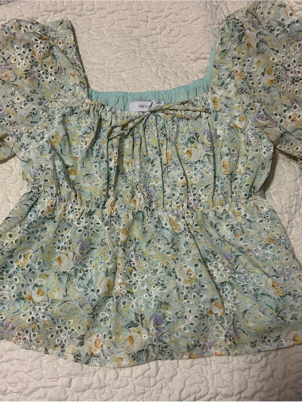 Greylin Mint Floral Eyelet Peasant Blouse